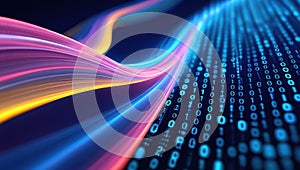 Flowing abstract light trails with binary code on dark background