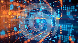 Abstract digital background with glowing binary code and circuit board patterns