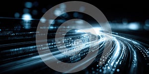 Abstract digital background with glowing lines and binary code representing data flow and technology in a dark environment for