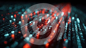 Abstract Digital Background with Glowing Red and Blue Binary Code and Matrix Data Streams, Futuristic Cybersecurity and Artificial