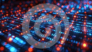 Abstract Binary Code Data Stream with Red and Blue Bokeh Lights Background