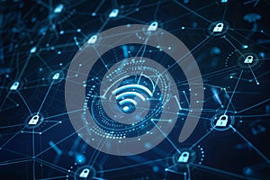 Abstract digital background illustrating wifi security with interconnected nodes and locks photo