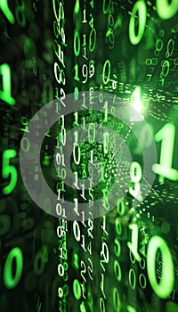 Abstract digital background with pixelated data stream, binary code, and glowing encryption concept.