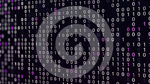 Abstract digital background of programming binary code, seamless loop. Animation. Colorful zero and one digits in wave