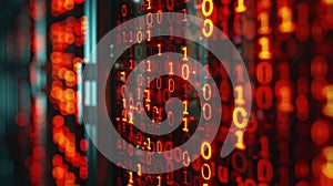 Abstract Red Binary Code Background, Glowing Data Stream and Artificial Intelligence
