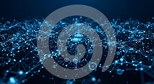 Digital Network Background with Technology Icons and Data Flow