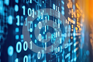 Abstract digital binary code background with glowing blue numbers and data streams representing technology, programming