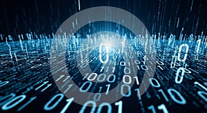 Abstract Digital Binary Code Flowing in Blue Light and Dark Background data technology