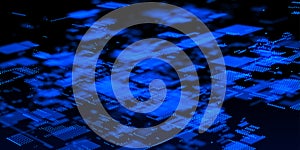 Abstract digital binary code flowing on dark background. Network connection structure. High information technology