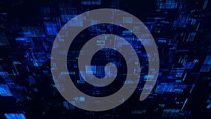 Abstract digital binary code flowing on dark background. Network connection structure. High information technology