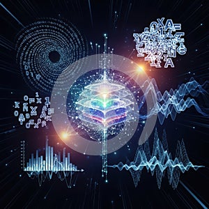 Abstract digital with binary code, glowing geometric shapes, and data visualization