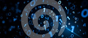 Abstract digital binary code pattern with glowing blue numbers on dark background, tech, programming, and computer science visuals
