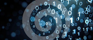Abstract digital binary code pattern with glowing blue numbers on dark background, tech, programming, and computer science visuals