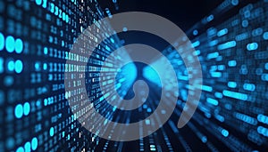 Abstract digital binary code stream. Fast data flow in cyberspace. Modern tech background. Blue binary numbers on dark