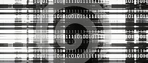 Abstract digital binary code stream with glitch effect and horizontal lines