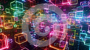 Abstract digital blockchain network with glowing neon cubes