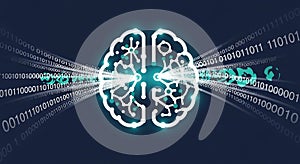 Abstract Digital Brain with Binary Code Streams on Dark Background