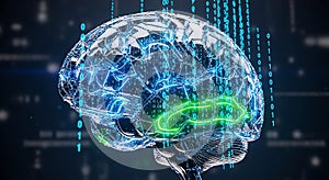 Abstract digital brain with glowing neural networks and binary code for ai technology concepts