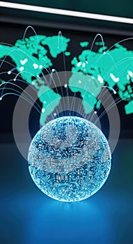 Abstract digital brain interconnected with glowing world map and network lines