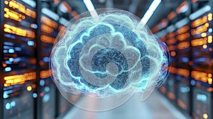 Abstract Digital Brain in Server Room Blue Light Particles, Cloud Computing Concept