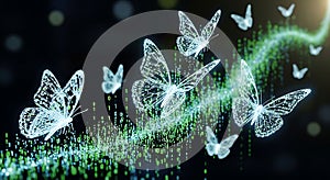 Abstract digital butterflies transform from binary code data stream