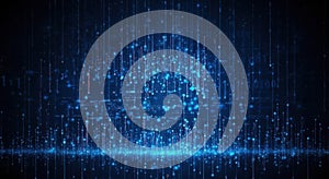 Abstract digital cascade of glowing blue data streams and binary code patterns