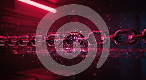 Abstract digital chain links with binary code and glowing particles in red light