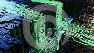 Abstract Digital Circuit Board with Glowing Binary Code Data Flow