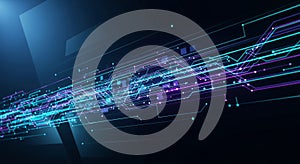 Abstract digital circuit board with glowing lines and data flow visualization