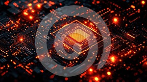 Abstract Digital Circuit Board with Glowing Orange Elements and Central Processing Unit Design