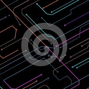 Abstract digital circuit pattern featuring interconnected lines against a black