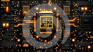 Abstract Digital Circuitry Background with Central Processor and Glowing Elements