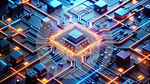 Abstract digital circuitry illuminated pathways of data processing and technological advancement. Generative AI