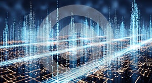 Abstract Digital Cityscape with Binary Code and Circuit Board Patterns