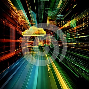 Abstract Digital Cityscape Cloud Computing Network Technology Data Stream Futuristic Glow web neon code speed
