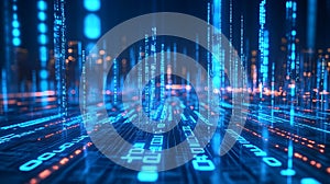 Abstract Digital Cityscape Futuristic Blue Orange Technology Data Streams Binary Code Background art web lines