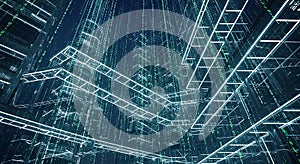 Futuristic Digital Cityscape with Binary Code Rain