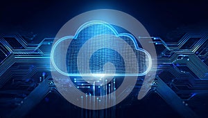 Abstract digital cloud computing concept on a dark blue background