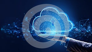 Abstract digital cloud computing concept on a dark blue background