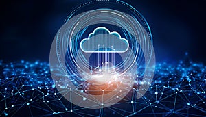 Abstract digital cloud computing concept on a dark blue background