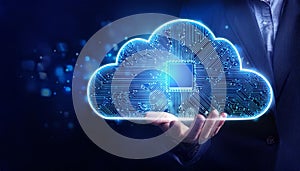 Abstract digital cloud computing concept on a dark blue background