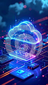 Abstract digital cloud computing concept with data transfer and network connections.