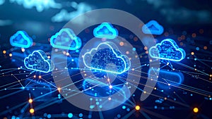 Abstract digital cloud computing concept with glowing blue clouds and network connections