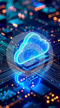 Abstract Digital Cloud Computing Concept with Glowing Circuit Board Background