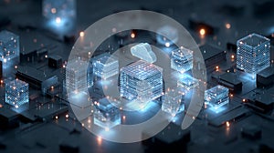 Abstract digital cloud computing concept with glowing cubes and data