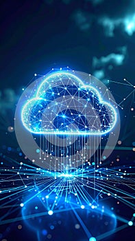 Abstract digital cloud computing concept with glowing lines and dots on dark blue background