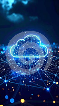 Abstract digital cloud computing network concept with glowing lights and connections