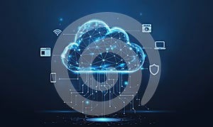 Abstract Digital Cloud Computing Network Technology Data Secure Global Internet Server Web Blue Glow Lines Nodes Future
