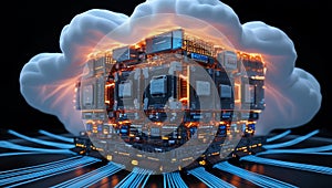 Abstract digital cloud with glowing server architecture representing technology and data storage