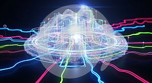 Futuristic digital cloud computing network technology concept with colorful energy streams